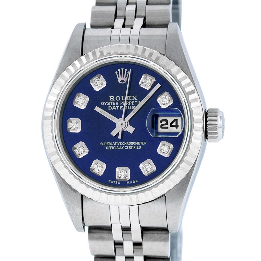 Rolex Ladies Stainless Steel Blue Diamond Quickset Oyster Perpetual Datejust 26m