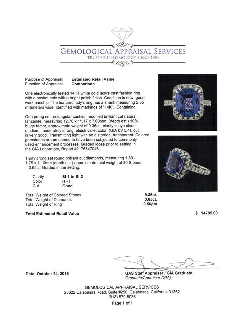 GIA Cert 9.36 ctw Tanzanite and Diamond Ring - 14KT White Gold
