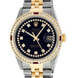 Rolex Mens 2 Tone Black String Diamond & Ruby 36MM Diamond Datejust Wristwatch