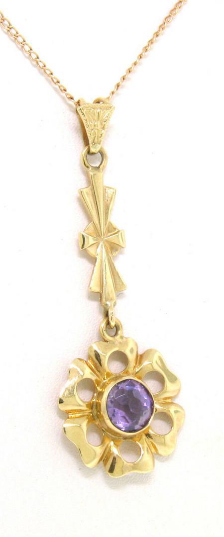 Antique Art Nouveau 14K Gold Old Cut Amethyst Long Dangle Flower Pendant w Chain