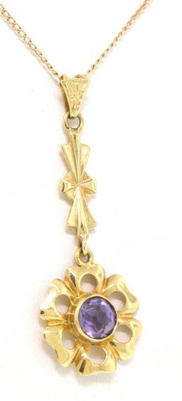 Antique Art Nouveau 14K Gold Old Cut Amethyst Long Dangle Flower Pendant w Chain