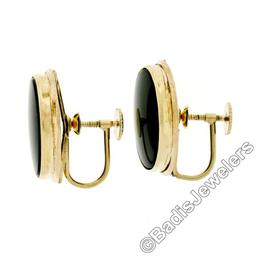 Vintage 14kt Yellow Gold Bezel Set Oval Black Onyx Button Screw-On Earrings