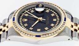 Rolex Mens 2 Tone Black String Diamond & Sapphire Diamond Datejust Wristwatch