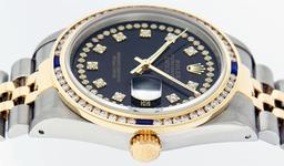 Rolex Mens 2 Tone Black String Diamond & Sapphire Diamond Datejust Wristwatch