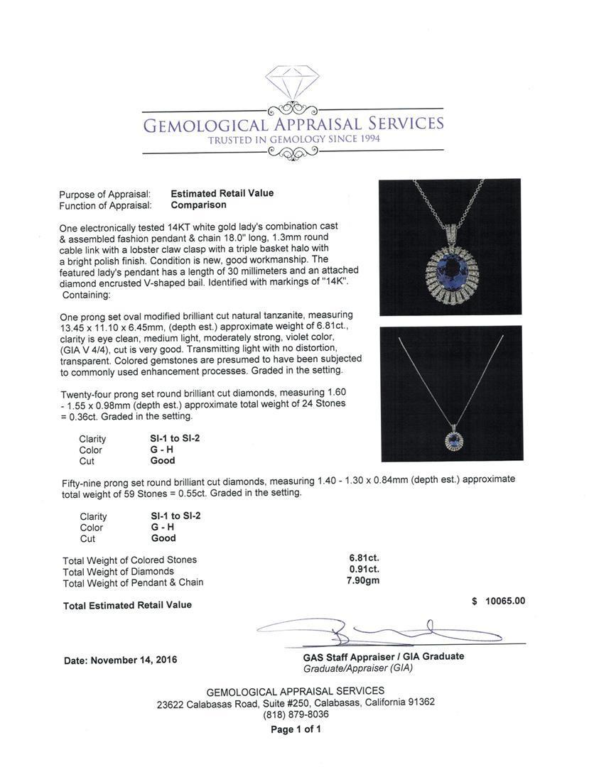 6.81 ctw Tanzanite and Diamond Pendant With Chain - 14KT White Gold
