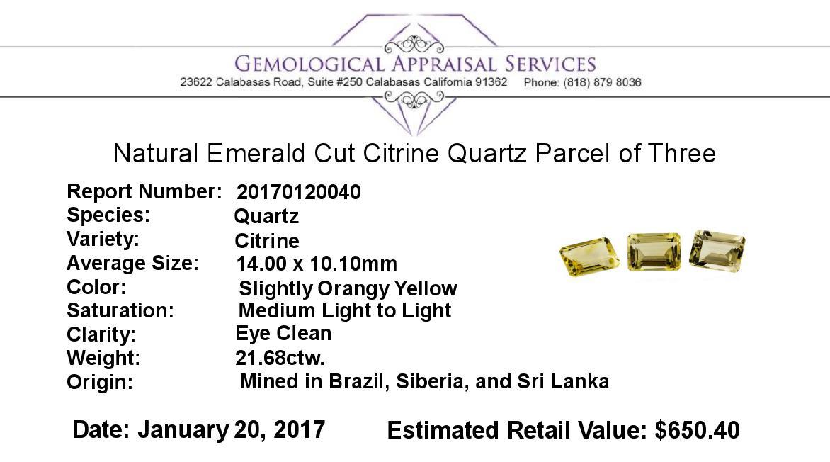 21.68 ctw.Natural Emerald Cut Citrine Quartz Parcel of Three