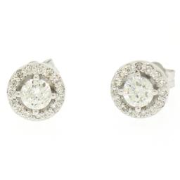 NEW 14k White Gold 1.06 ctw Round Brilliant Diamond Stud Earrings w/ Pave Halos