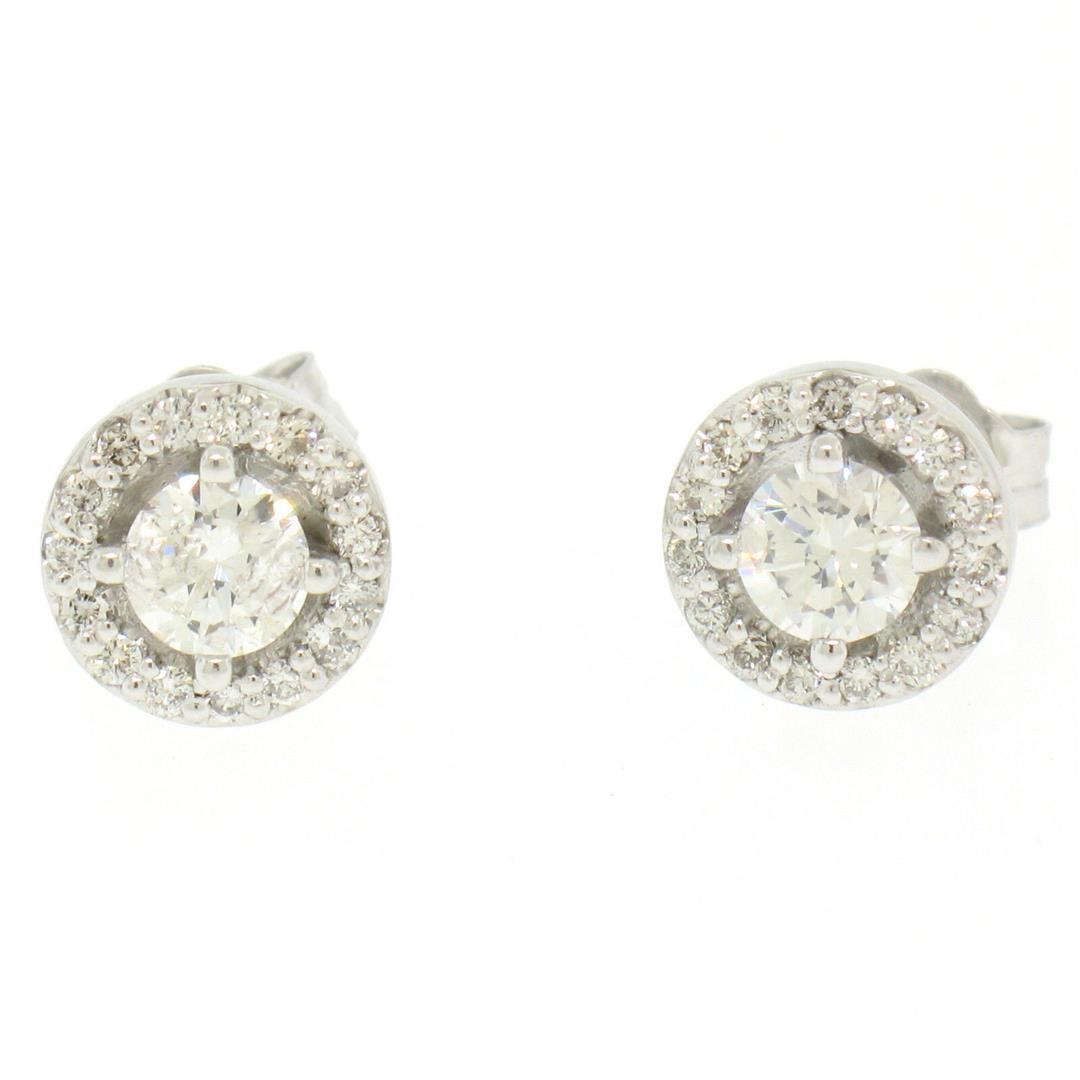 NEW 14k White Gold 1.06 ctw Round Brilliant Diamond Stud Earrings w/ Pave Halos