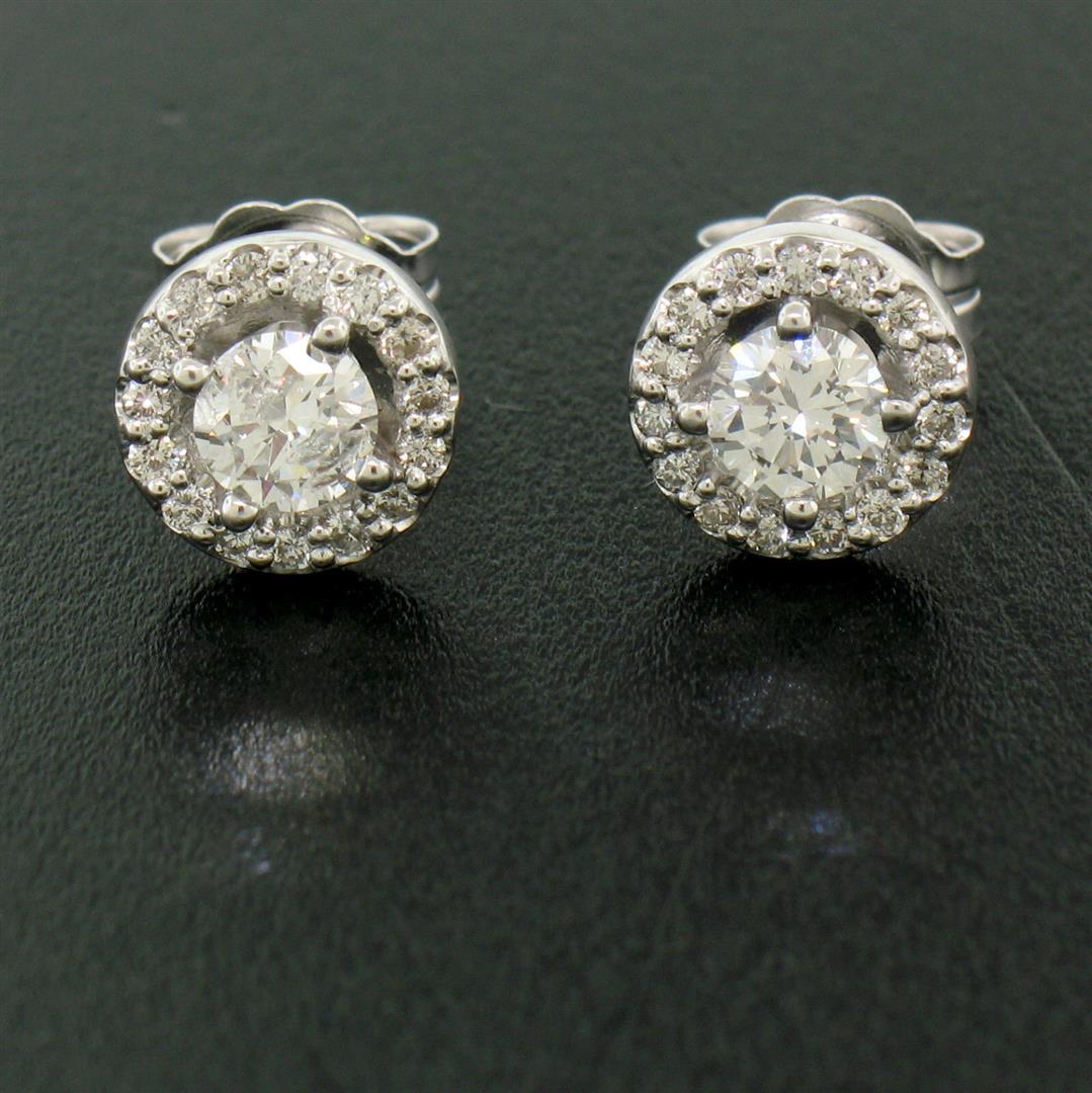 NEW 14k White Gold 1.06 ctw Round Brilliant Diamond Stud Earrings w/ Pave Halos