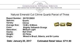 23.73 ctw.Natural Emerald Cut Citrine Quartz Parcel of Three