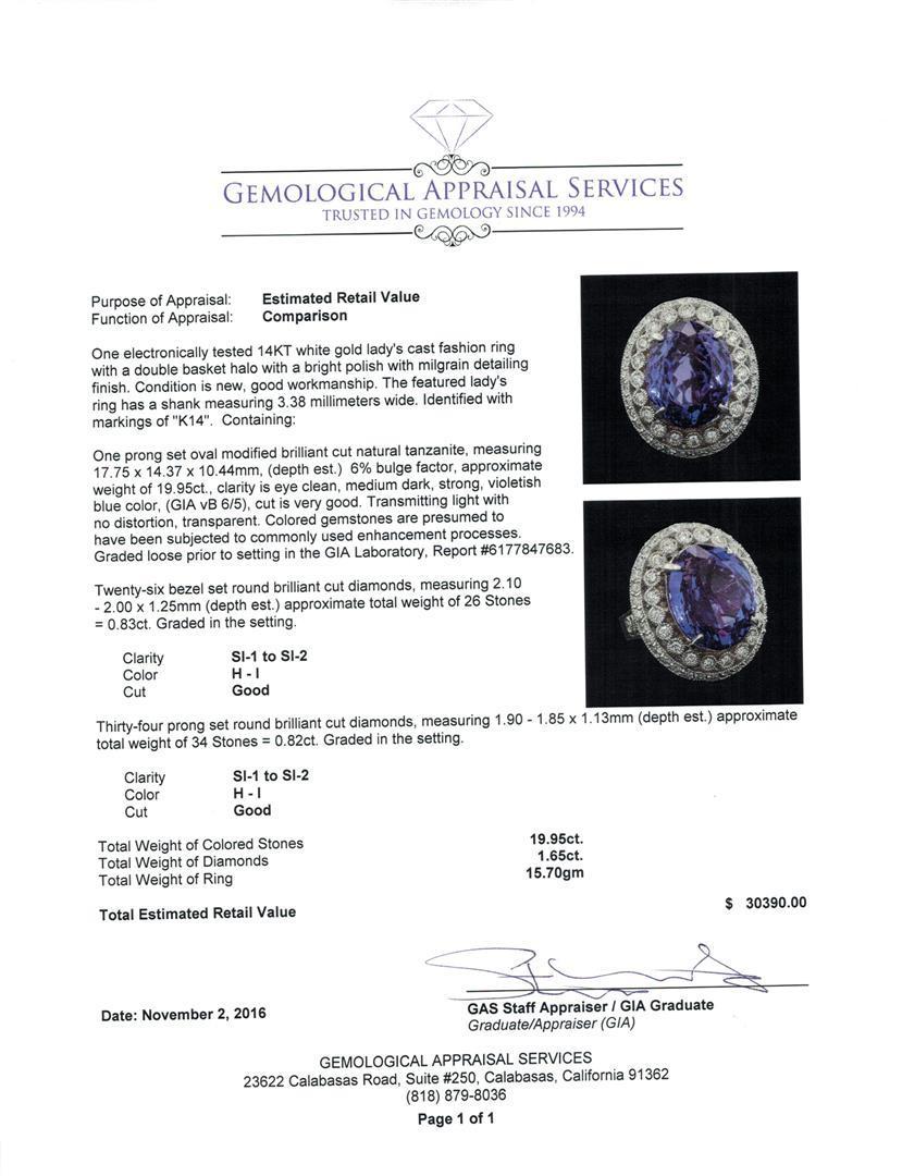 GIA Cert 19.95 ctw Tanzanite and Diamond Ring - 14KT White Gold