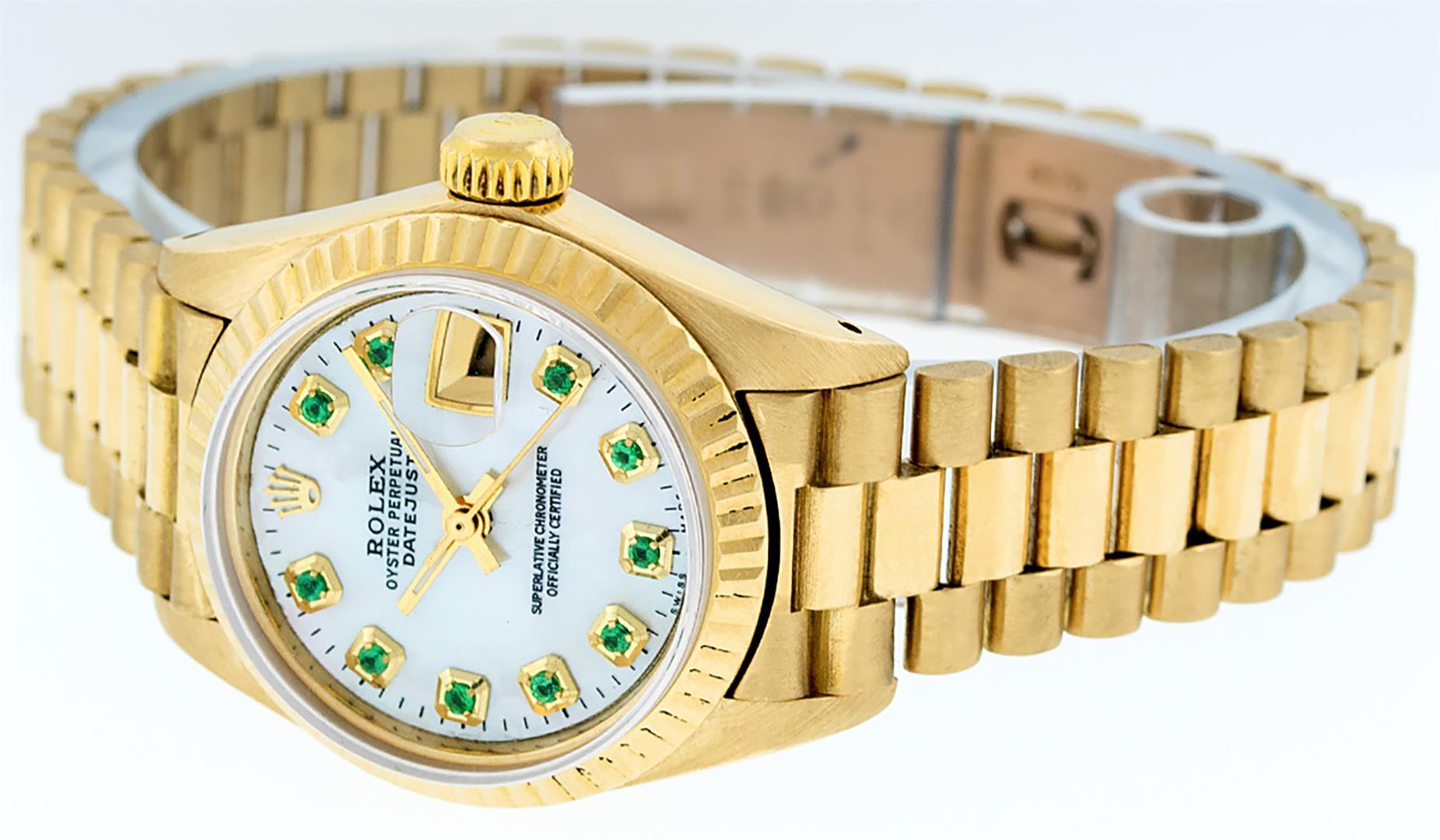 Rolex Ladies 18K Yellow Gold Mother Of Pearl Emerald Datejust President Wristwat