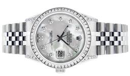 Rolex Mens Stainless Steel MOP Princess Cut Diamond Lugs 36MM Datejust Wristwatc