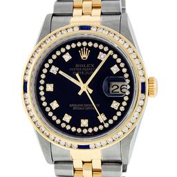 Rolex Mens 2 Tone Black String Diamond & Sapphire Diamond Datejust Wristwatch