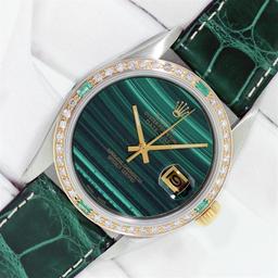 Rolex Datejust Mens 36 Green Malachite Diamond Bezel 18K/SS Oyster Perpetual Wit