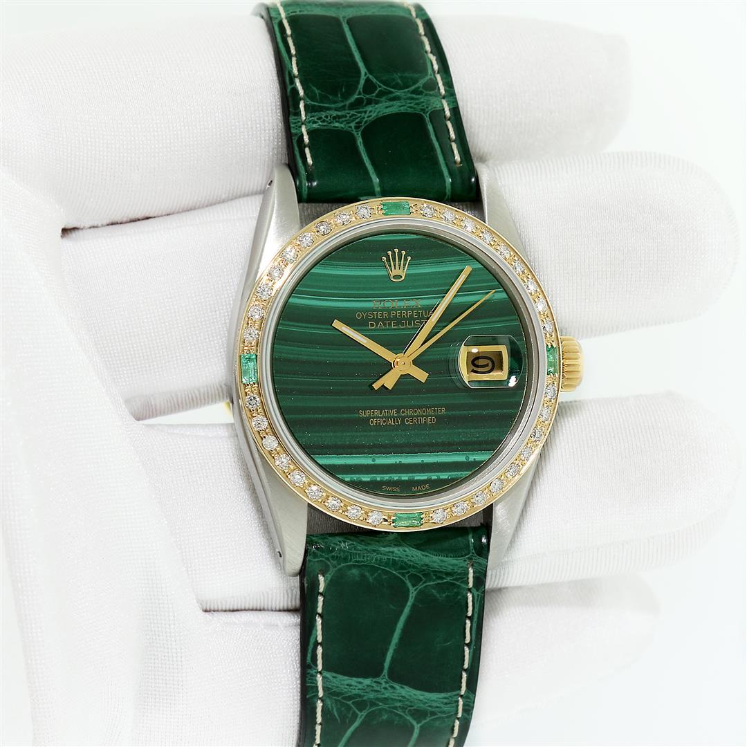 Rolex Datejust Mens 36 Green Malachite Diamond Bezel 18K/SS Oyster Perpetual Wit