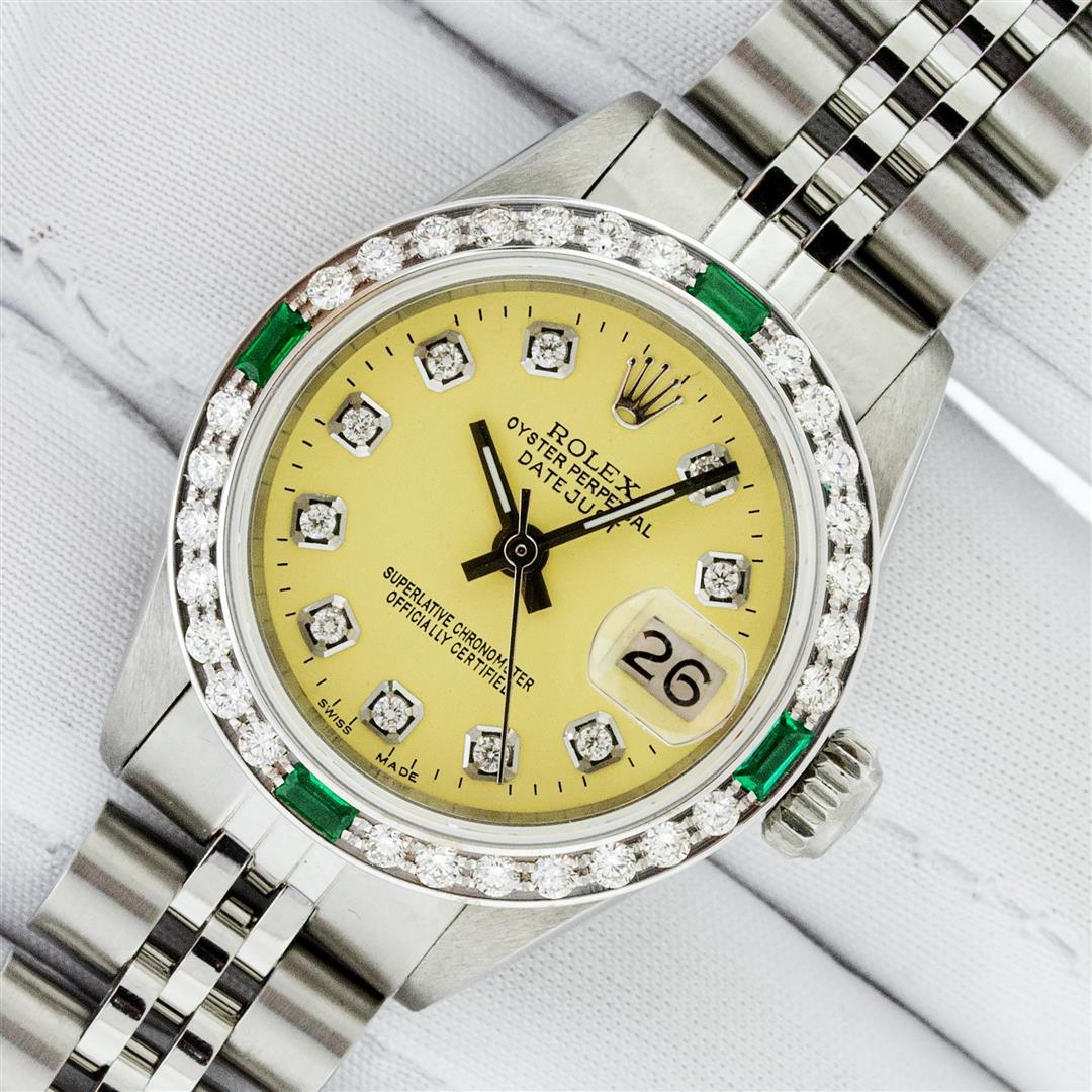 Rolex Ladies Stainless Steel Yellow Diamond & Emerald Oyster Perpetual Datejust