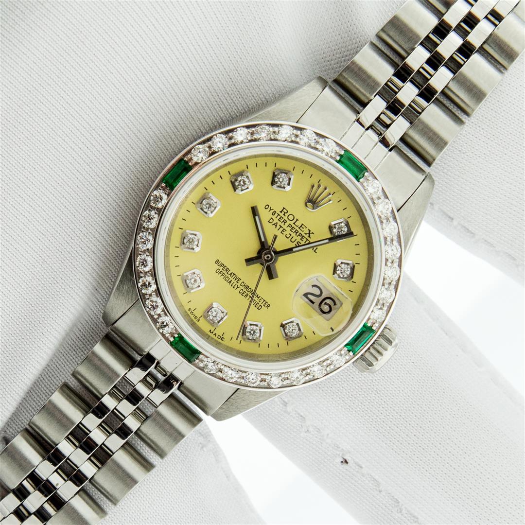 Rolex Ladies Stainless Steel Yellow Diamond & Emerald Oyster Perpetual Datejust