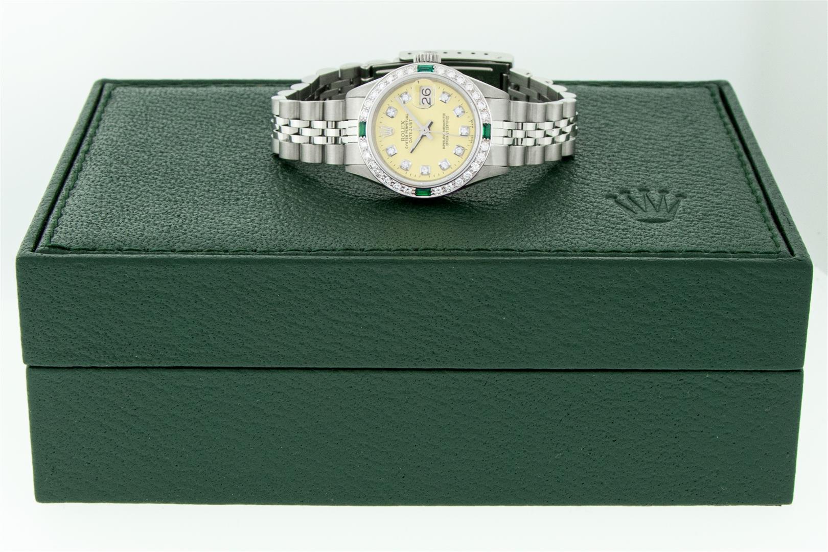 Rolex Ladies Stainless Steel Yellow Diamond & Emerald Oyster Perpetual Datejust