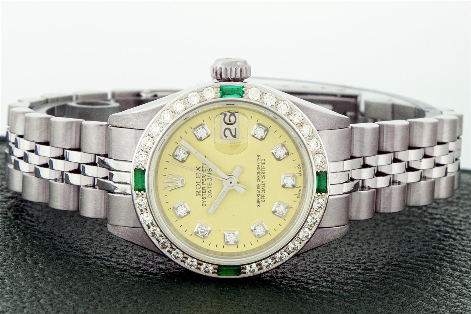 Rolex Ladies Stainless Steel Yellow Diamond & Emerald Oyster Perpetual Datejust