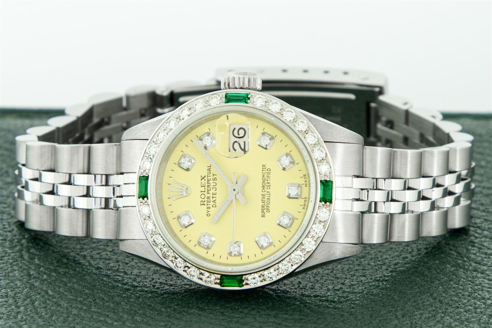 Rolex Ladies Stainless Steel Yellow Diamond & Emerald Oyster Perpetual Datejust