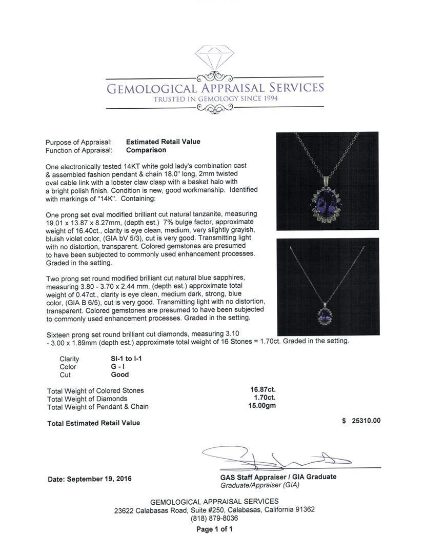 16.40 ctw Tanzanite, Sapphire, and Diamond Pendant With Chain - 14KT White Gold