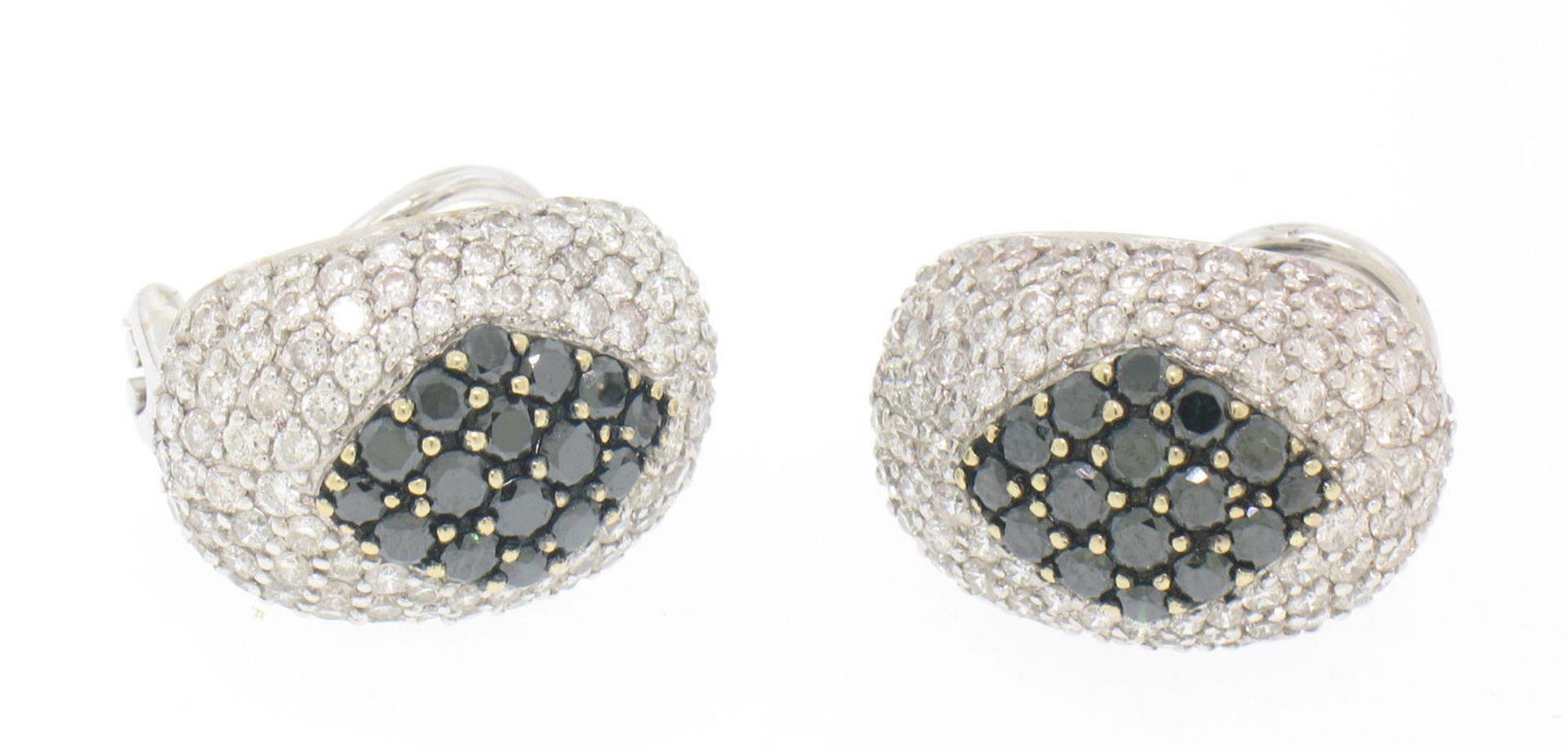 18k Solid White Gold 3.60 ctw White & Black Diamond Drenched Dome Button Earring