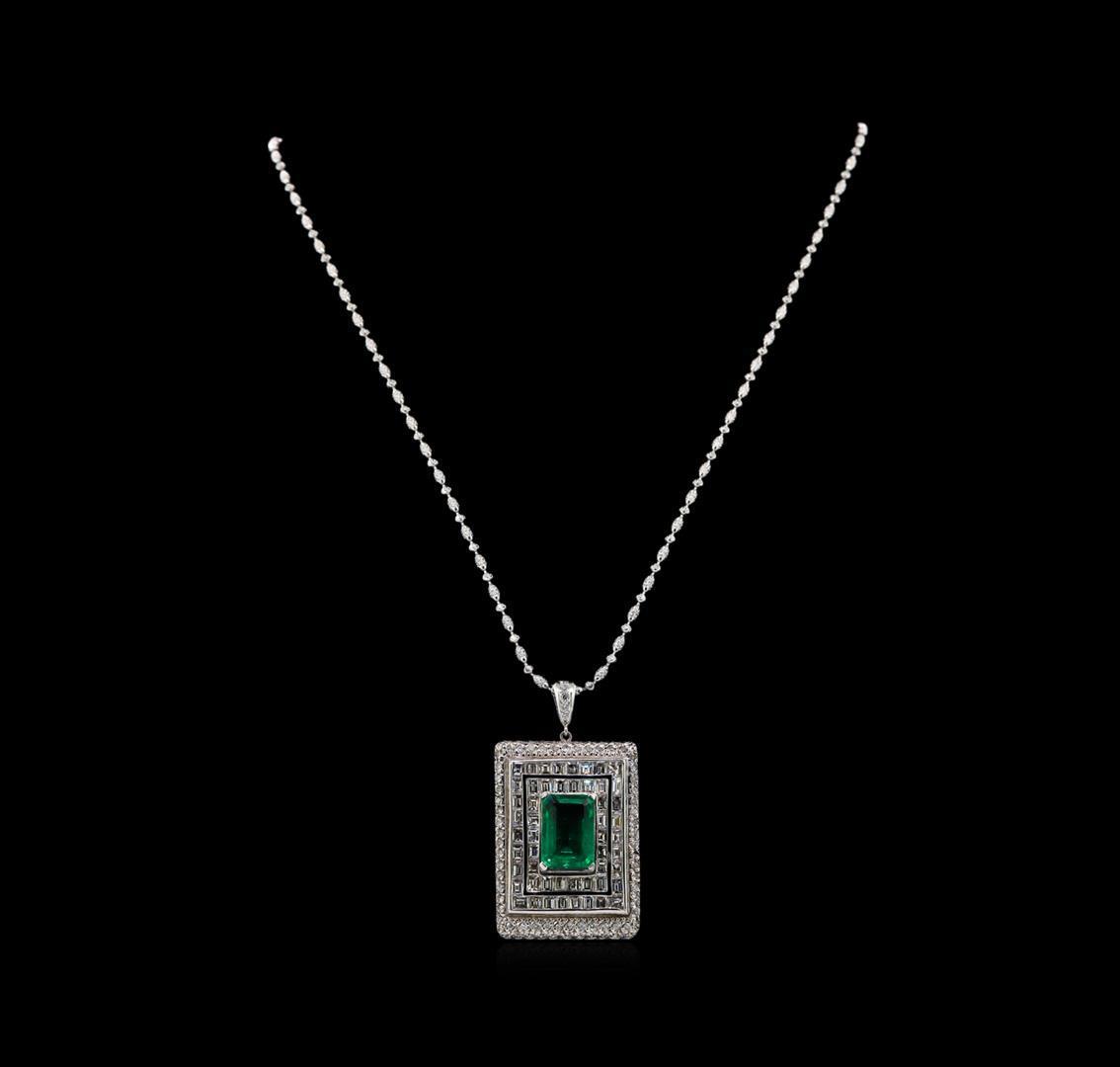 Platinum GIA Certified 6.98 ctw Emerald and Diamond Pendant With Chain