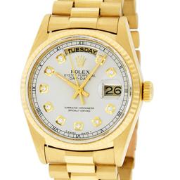 Rolex Mens 18K Yellow Gold Silver Diamond Quickset President Wristwatch