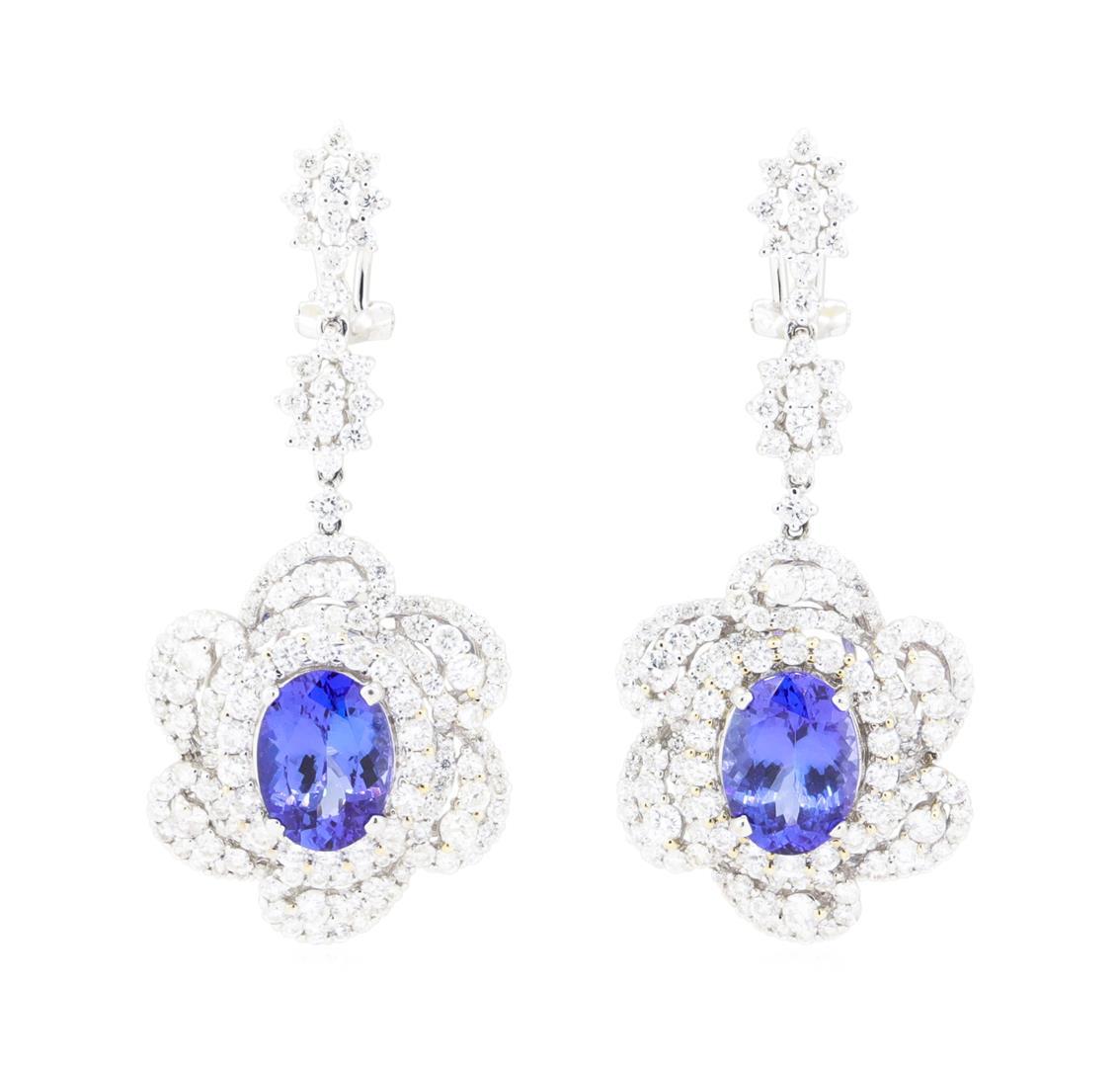 11.90 ctw Tanzanite And Diamond Earrings - 18KT White Gold