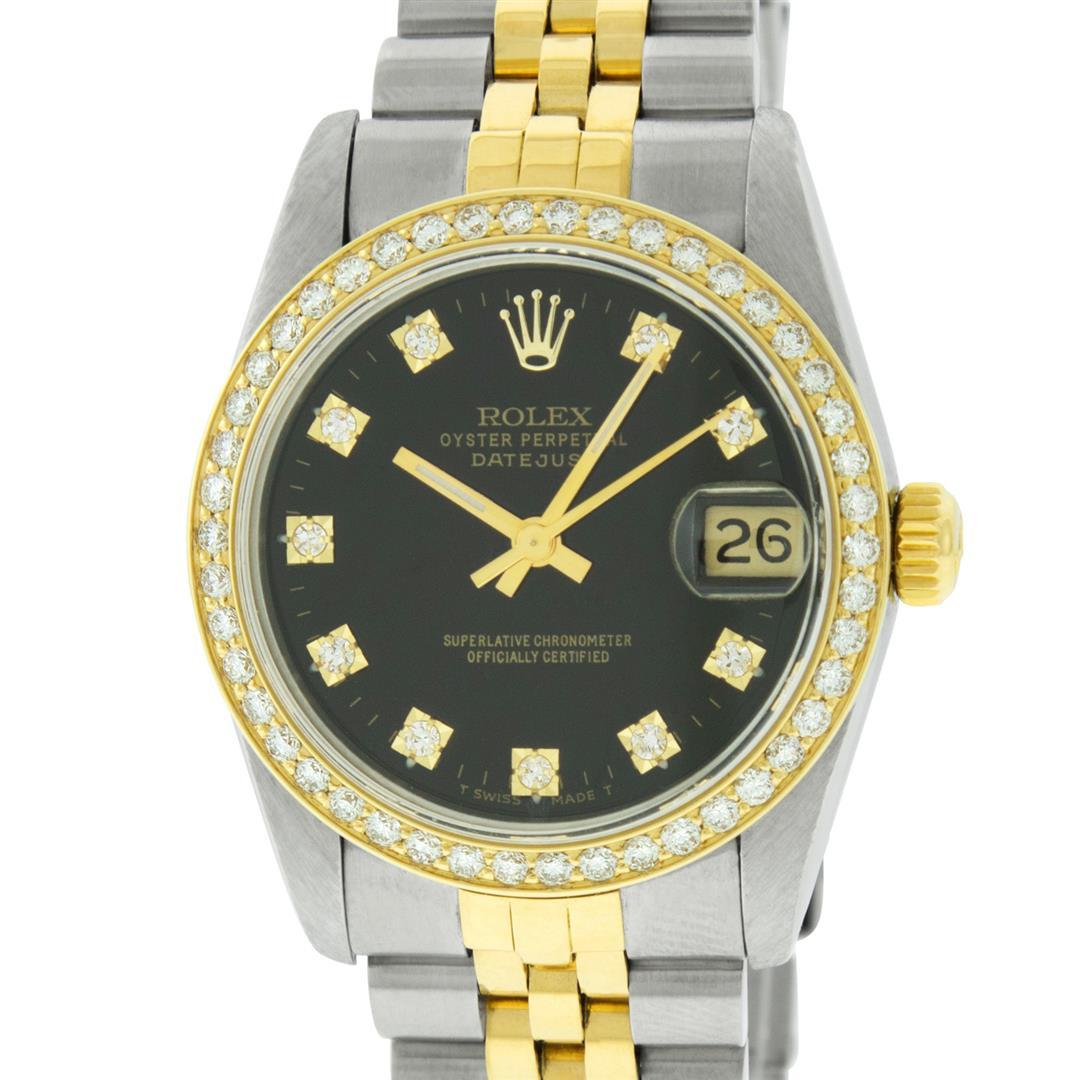 Rolex Womens MIdsize 31mm 2 Tone Black Diamond Datejust Wristwatch