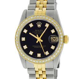 Rolex Womens MIdsize 31mm 2 Tone Black Diamond Datejust Wristwatch