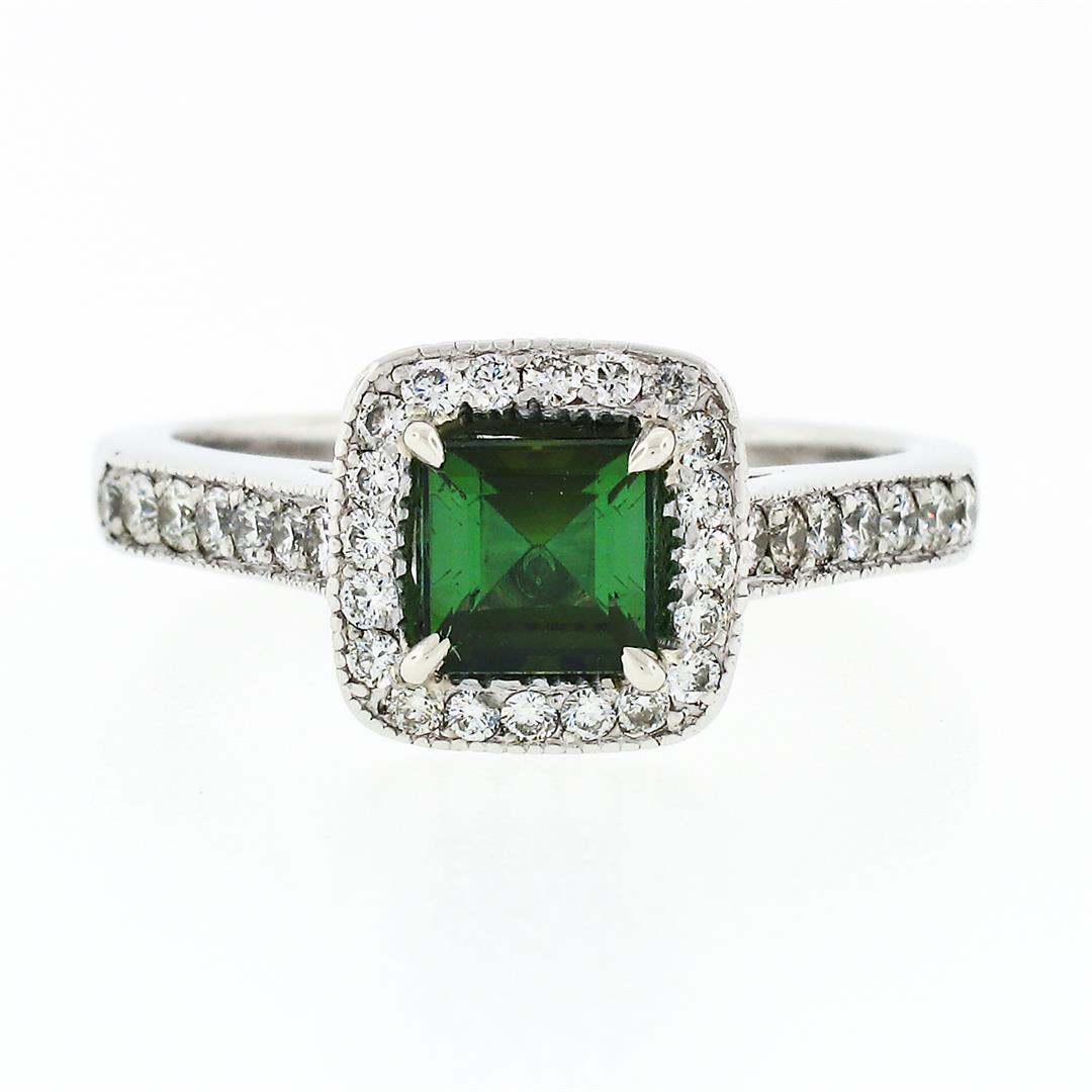 Platinum 1.51 ctw Square Step Cut Green Tourmaline Solitaire Ring w/ Diamond Hal