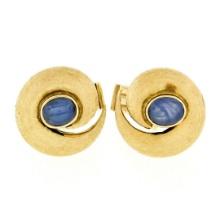 Vintage 14k Yellow Gold Oval Blue Star Sapphire Florentine Swirl Cuff Links