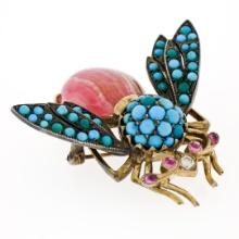 Vintage 14k Gold Silver Ruby Diamond Turquoise Rhodochrosite Bee Fly Brooch Pin