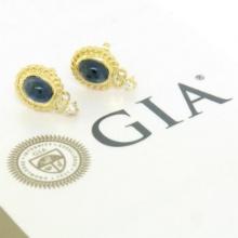 FINE 18K Gold 3.30 ctw GIA Cabochon Sapphire & Diamond Cable Frame Stud Earrings