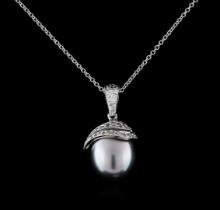 0.33 ctw Pearl and Diamond Pendant With Chain - 14KT White Gold
