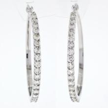 Solid 14K White Gold 1.50 ctw Round Brilliant Diamond Circle Hoop Snap Earrings