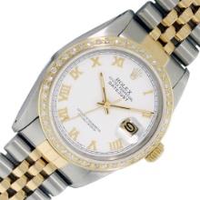 Rolex Mens 2 Tone White Roman Diamond Bezel 36MM Datejust Wristwatch With Rolex