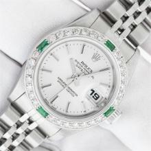 Rolex Ladies Quickset Silver Index Diamond & Emerald Datejust Wristwatch