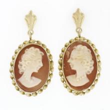 Vintage 14k Gold Fine Carved Shell Cameo W/ Twisted Wire Frame Dangle Earrings