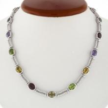14k White Gold Bezel Set Oval Colored Gemstone Dual Twisted Cable Necklace 16.5"