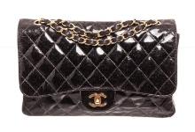 Chanel Black Glitter Patent Leather Jumbo Flap Shoulder Bag