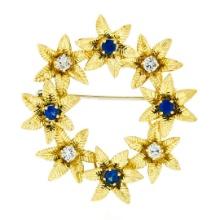 Vintage 18k Gold 1.19 ctw Brilliant Sapphire & Diamond Etched Flower Wreath Broo