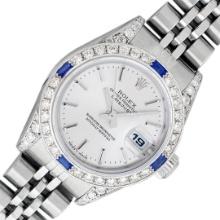 Rolex Ladies Quickset Silver Index Diamond Lugs & Sapphire Datejust Wristwatch