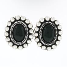 Large Vintage .925 Silver Oval Black Onyx Twisted Wire Bead Work Button Earrings