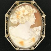 Vintage 14K White Gold Large Oval Octagon Open Detailed Cameo Pin Brooch Pendant
