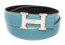 Hermes Blue and Black Leather Silver Tone H buckle Belt