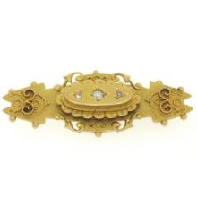 Antique Victorian 9k Yellow Gold Elongated Cartouche Brooch w/ 3 Old Cut Diamond