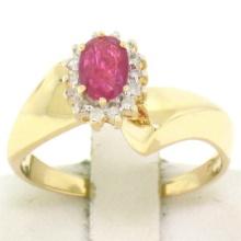 14K Yellow Gold Offset .94 ctw Oval Ruby & Round Diamond Halo Cluster Bypass Rin